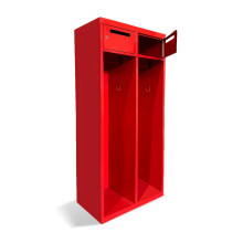Feuerwehrgarderobe mit Spinden und großem Haken.