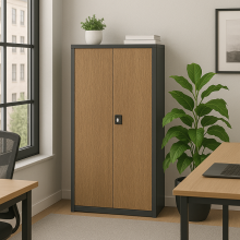 Büroschrank mit Holzfurnier an den Türen.
