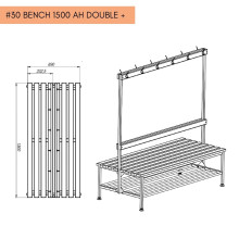 Doppelseitige Garderobenbank mit Rückenlehne und Kleiderbügeln, 1500 mm lang, mit Schuhablage