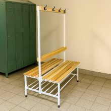 Doppelseitige Garderobenbank mit Rückenlehne und Kleiderbügeln, 1000 mm lang, mit Schuhablage