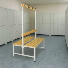 Doppelseitige Garderobenbank mit Rückenlehne und Kleiderbügeln, 1000 mm lang