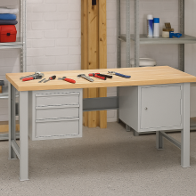 Arbeitstisch mit 3 Hängeschubladen und Schrank, mit festen Beinen, 1700 mm