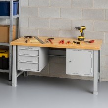 Arbeitstisch mit 3 Hängeschubladen und Schrank, mit verstellbaren Beinen, 2000 mm