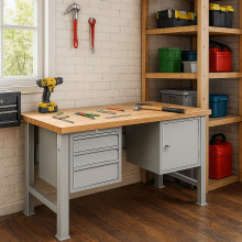 Arbeitstisch mit 3 Hängeschubladen und Schrank, mit festen Beinen, 1500 mm