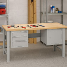 Arbeitstisch mit 3 Hängeschubladen und Schrank, mit festen Beinen, 1700 mm
