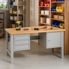 Arbeitstisch mit 3 Hängeschubladen und Schrank, mit festen Beinen, 2000 mm