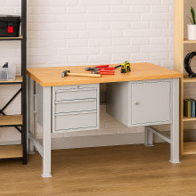Arbeitstisch mit 3 Hängeschubladen und Schrank, mit verstellbaren Beinen, 1500 mm