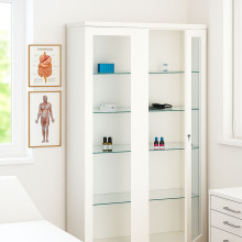 #26 MEDICINE MAXI GLASS ECONOMY – Nemocničná skrinka na lieky so 4 sklenenými policami a kolieskami, 1800x800x435 mm