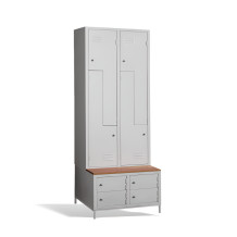 4+4-türiger Kleiderschrank mit Z-förmigen Türen, eingebauter Sitzbank und Schuhschränken