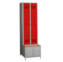 #03 MINI 4 PLUS – 4+4-türiger Kleiderschrank mit kurzen Türen, eingebauter Bank und Schuhschränken, RAL 3020