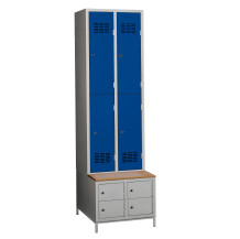 #03 MINI 4 PLUS – 4+4-türiger Kleiderschrank mit kurzen Türen, eingebauter Bank und Schuhschränken, RAL 5010