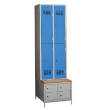#03 MINI 4 PLUS – 4+4-türiger Kleiderschrank mit kurzen Türen, eingebauter Bank und Schuhschränken, RAL 5012