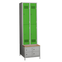 #03 MINI 4 PLUS – 4+4-türiger Kleiderschrank mit kurzen Türen, eingebauter Bank und Schuhschränken, RAL 6018