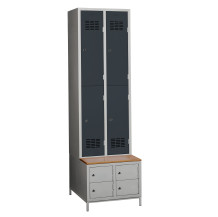 #03 MINI 4 PLUS – 4+4-türiger Kleiderschrank mit kurzen Türen, eingebauter Bank und Schuhschränken, RAL 7016