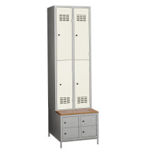 #03 MINI 4 PLUS – 4+4-türiger Kleiderschrank mit kurzen Türen, eingebauter Bank und Schuhschränken, RAL 9010