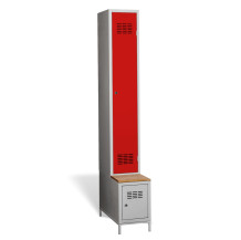 #03 STANDARD 1 PLUS – 1+1-türiger Kleiderschrank mit langen Türen, eingebauter Sitzbank und Schuhschrank, RAL 3020