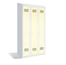 #03 STANDARD HACCP 3 W – 3-türiger Kleiderschrank mit beweglicher Trennwand, Dachschräge und Ablage für Schuhe, RAL 1013