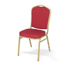Konferenzstuhl mit roter Polsterung und goldenem Gestell.