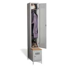 #03 STANDARD 1 PLUS – 1+1-türiger Kleiderschrank mit langen Türen, eingebauter Sitzbank und Schuhschrank, RAL 9010