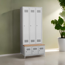 #03 STANDARD 3 PLUS – 3+3-türiger Kleiderschrank mit eingebauter Sitzbank und Schuhschränken, RAL 1013