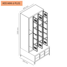 #03 MINI 6 PLUS – 6+6-dv. šatníková skriňa s krátkymi dverami, zabud. lavicou a skriňami na obuv