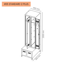 #03 STANDARD 2 PLUS – 2+2-dverová šatníková skriňa so zabudovanou lavicou a skriňami na obuv