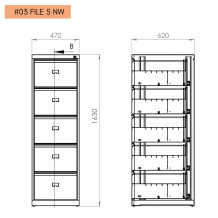 Aktenschrank mit fünf Schubladen.