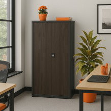 Büroschrank mit Holzfurnier an den Türen.