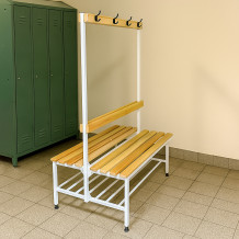 Doppelseitige Garderobenbank mit Rückenlehne und Kleiderbügeln, 1000 mm lang, mit Schuhablage