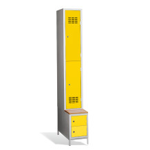 #03 MINI 2 PLUS – 2-türiger Kleiderschrank mit kurzen Türen, eingebauter Sitzbank und Schuhschränken, RAL 3020