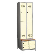 #03 MINI 4 PLUS – 4+4-türiger Kleiderschrank mit kurzen Türen, eingebauter Bank und Schuhschränken, RAL 1023