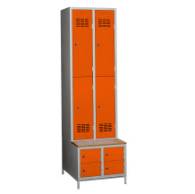 #03 MINI 4 PLUS – 4+4-türiger Kleiderschrank mit kurzen Türen, eingebauter Bank und Schuhschränken, RAL 3020