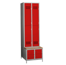 #03 MINI 4 PLUS – 4+4-türiger Kleiderschrank mit kurzen Türen, eingebauter Bank und Schuhschränken, RAL 6018