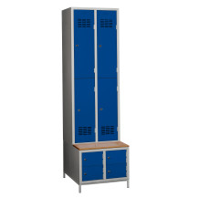 #03 MINI 4 PLUS – 4+4-türiger Kleiderschrank mit kurzen Türen, eingebauter Bank und Schuhschränken, RAL 5010