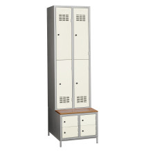 #03 MINI 4 PLUS – 4+4-türiger Kleiderschrank mit kurzen Türen, eingebauter Bank und Schuhschränken, RAL 1013