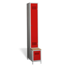 #03 STANDARD 1 PLUS – 1+1-türiger Kleiderschrank mit langen Türen, integrierter Sitzbank und Schuhschrank, RAL 3020