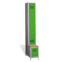 #03 STANDARD 1 PLUS – 1+1-türiger Kleiderschrank mit langen Türen, eingebauter Sitzbank und Schuhschrank, RAL 7016