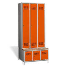 #03 STANDARD 3 PLUS – 3+3-türiger Kleiderschrank mit eingebauter Sitzbank und Schuhschränken, RAL 3020