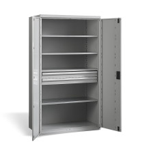 Großer Werkstattschrank mit 4 Regalen und 2 Schubladen.