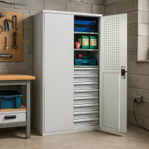 Werkzeugschrank mit hoher Tragfähigkeit, 4 Fachböden + 8 Schubladen