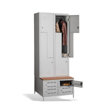 4+4-türiger Kleiderschrank mit Z-förmigen Türen, eingebauter Sitzbank und Schuhschränken