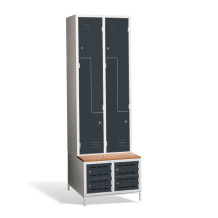 4+4-türiger Kleiderschrank mit Z-förmigen Türen, eingebauter Sitzbank und Schuhschränken, RAL 9010