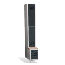 #03 MINI 2 PLUS – 2-türiger Kleiderschrank mit kurzen Türen, eingebauter Sitzbank und Schuhschränken, RAL 7016