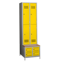 #03 MINI 4 PLUS – 4+4-türiger Kleiderschrank mit kurzen Türen, eingebauter Bank und Schuhschränken, RAL 1013