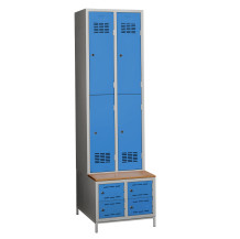 #03 MINI 4 PLUS – 4+4-türiger Kleiderschrank mit kurzen Türen, eingebauter Bank und Schuhschränken, RAL 5010