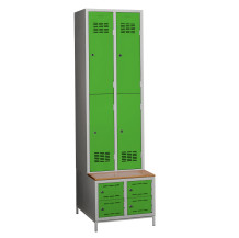 #03 MINI 4 PLUS – 4+4-türiger Kleiderschrank mit kurzen Türen, eingebauter Bank und Schuhschränken, RAL 3020