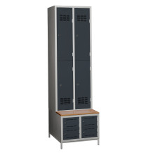 #03 MINI 4 PLUS – 4+4-türiger Kleiderschrank mit kurzen Türen, eingebauter Bank und Schuhschränken, RAL 5012