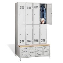 #03 MINI 8 PLUS – 8+8-türiger Kleiderschrank mit kurzen Türen, eingebauter Sitzbank und Schuhschränken