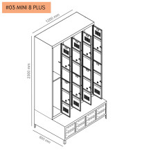 #03 MINI 8 PLUS – 8+8-türiger Kleiderschrank mit kurzen Türen, eingebauter Sitzbank und Schuhschränken