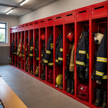 Feuerwehrgarderobe mit Spinden und großem Haken.